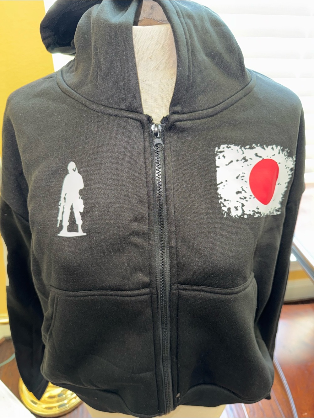 Black Zip Hoodie with White Soldier Graphic and Japan Flag Unisex